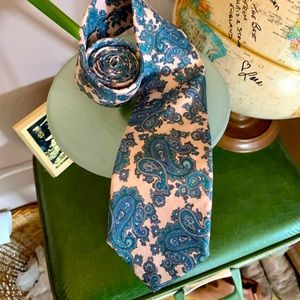 Retro Oscar de la Renta Light Pink & Turquoise Paisley Print Silk Neck Tie